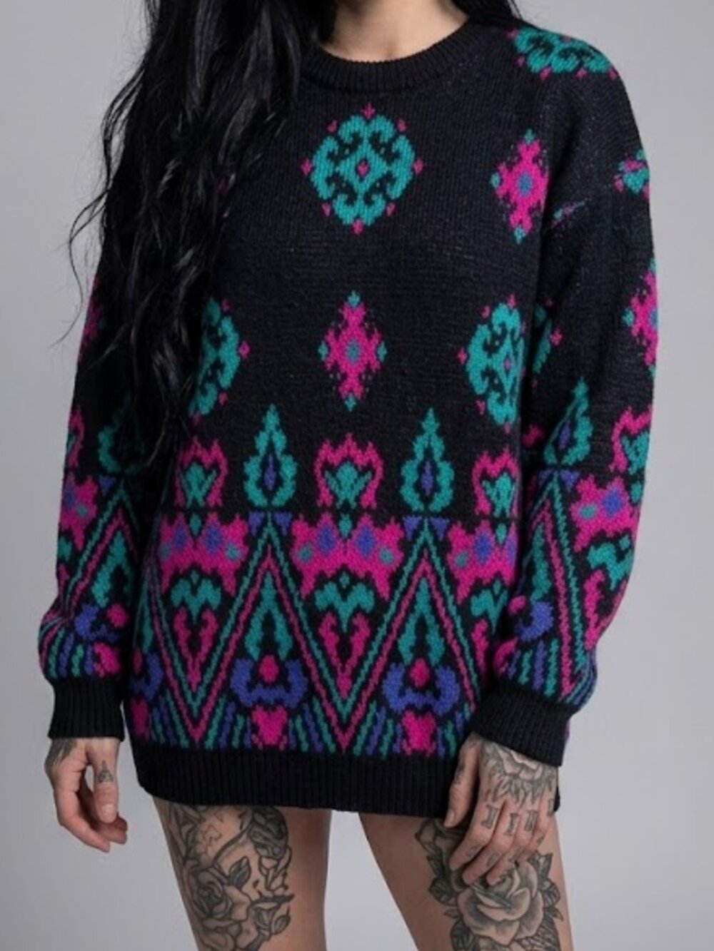 Autograph Vintage 80s Geometric Southwest Sweater Oversized Black Pink Turquoise